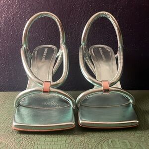 Bottega Veneta icy moon blue reflection nappa leather square toe sandals, 39.5